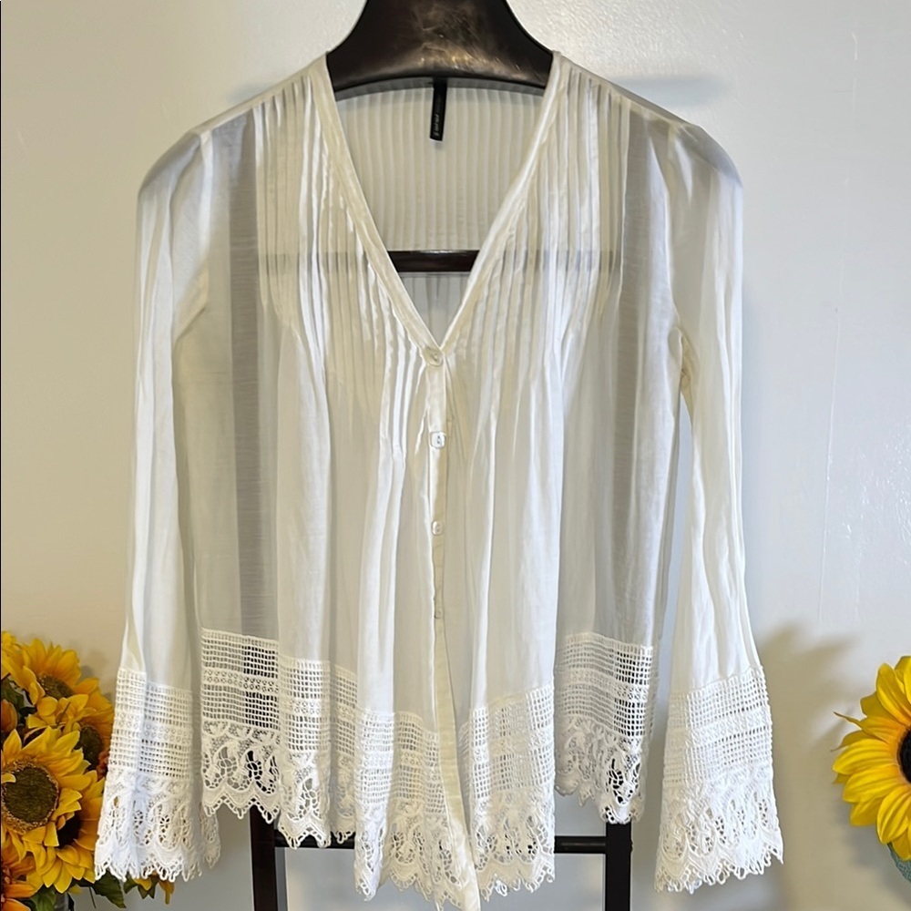 🕊️ Naf Naf White Boho Lace Trim Blouse – Size 38 (US M/L) - Picture 2 of 9